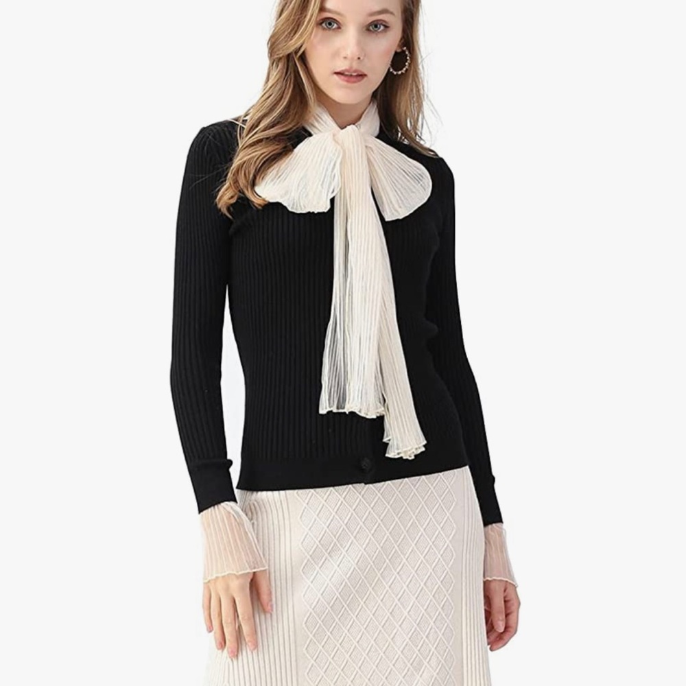 Chicwish Button Down Cardigan with Cream Tulle Details Black Size Small